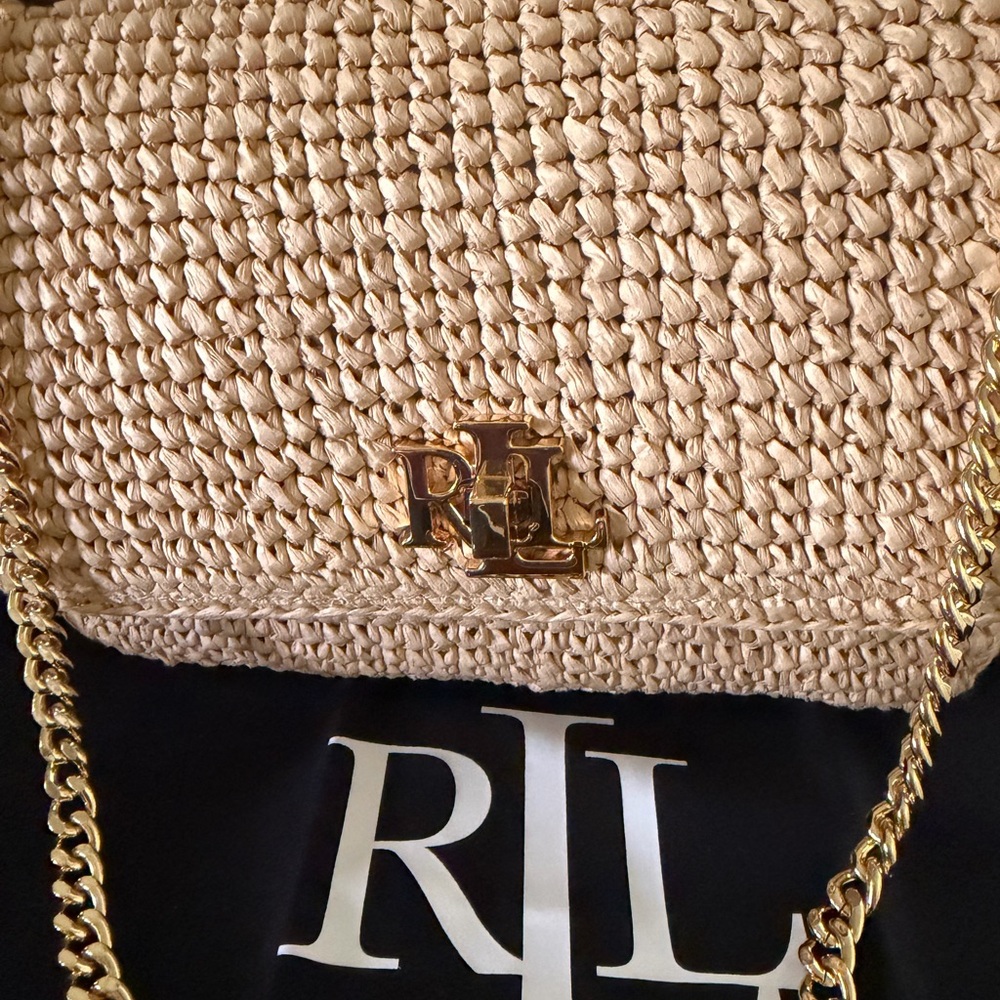 Ralph Lauren Natural Straw Shoulder Bag with Gold Chain - Picture 2 of 14
